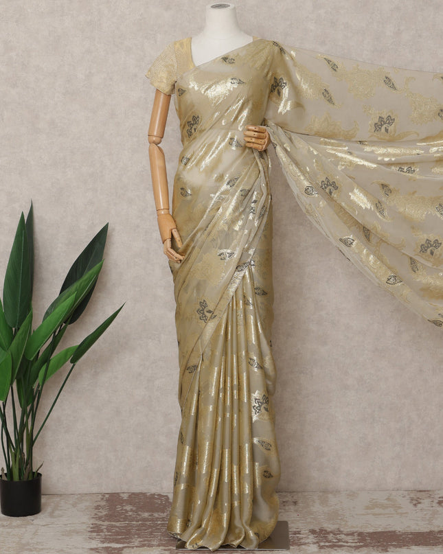 Champagne Gold Premium French Chiffon Saree with Metallic Lurex Motifs, 5.5 Mtrs Length, 110 Cms Width, Made in France-D24302