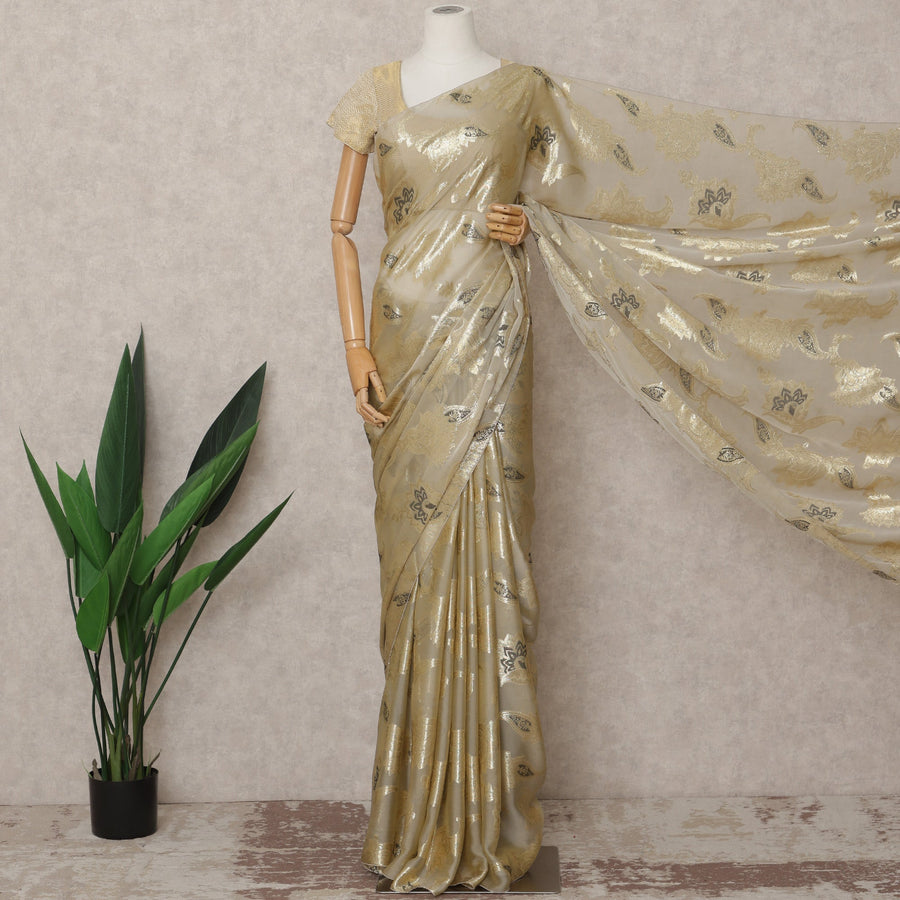 ساري شيفون فرنسي فاخر بلون الشمبانيا الذهبي مع زخارف لوركس معدنية، طول 5.5 متر، عرض 110 سم، صنع في فرنسا - D24302