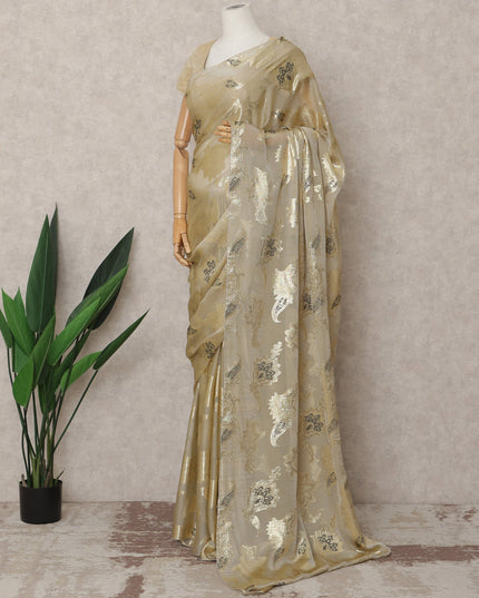 ساري شيفون فرنسي فاخر بلون الشمبانيا الذهبي مع زخارف لوركس معدنية، طول 5.5 متر، عرض 110 سم، صنع في فرنسا - D24302