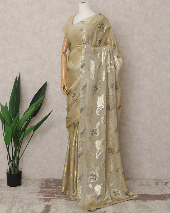 Champagne Gold Premium French Chiffon Saree with Metallic Lurex Motifs, 5.5 Mtrs Length, 110 Cms Width, Made in France-D24302