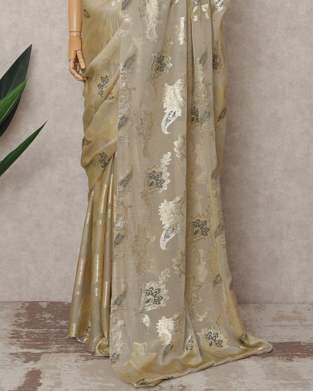 Champagne Gold Premium French Chiffon Saree with Metallic Lurex Motifs, 5.5 Mtrs Length, 110 Cms Width, Made in France-D24302