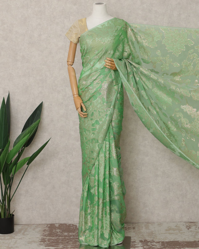 Mint Green Premium French Chiffon Saree with Metallic Lurex Floral Work, 5.5 Mtrs Length, 110 Cms Width, Made in France-D24303