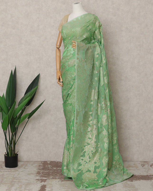 Mint Green Premium French Chiffon Saree with Metallic Lurex Floral Work, 5.5 Mtrs Length, 110 Cms Width, Made in France-D24303