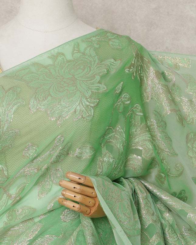 Mint Green Premium French Chiffon Saree with Metallic Lurex Floral Work, 5.5 Mtrs Length, 110 Cms Width, Made in France-D24303