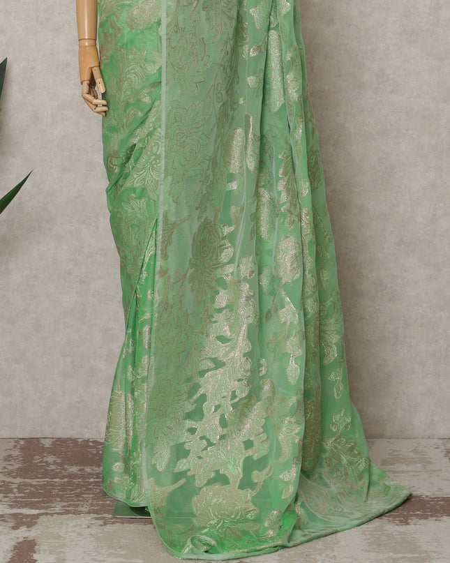 Mint Green Premium French Chiffon Saree with Metallic Lurex Floral Work, 5.5 Mtrs Length, 110 Cms Width, Made in France-D24303