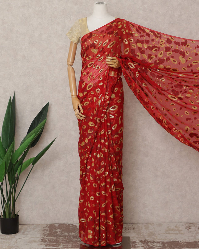 Crimson Red Premium French Chiffon Saree with Gold Metallic Lurex Abstract Work, 5.5 Mtrs Length, 110 Cms Width, Made in France-D24304 Regal Fabrics