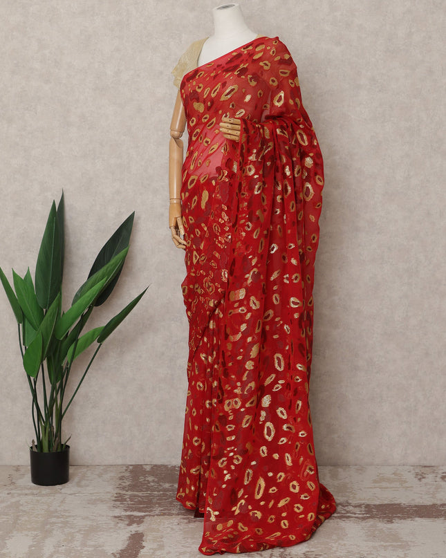 Crimson Red Premium French Chiffon Saree with Gold Metallic Lurex Abstract Work, 5.5 Mtrs Length, 110 Cms Width, Made in France-D24304 Regal Fabrics