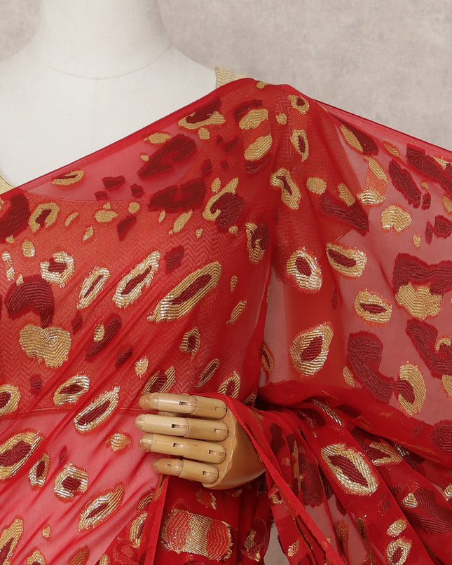 Crimson Red Premium French Chiffon Saree with Gold Metallic Lurex Abstract Work, 5.5 Mtrs Length, 110 Cms Width, Made in France-D24304 Regal Fabrics