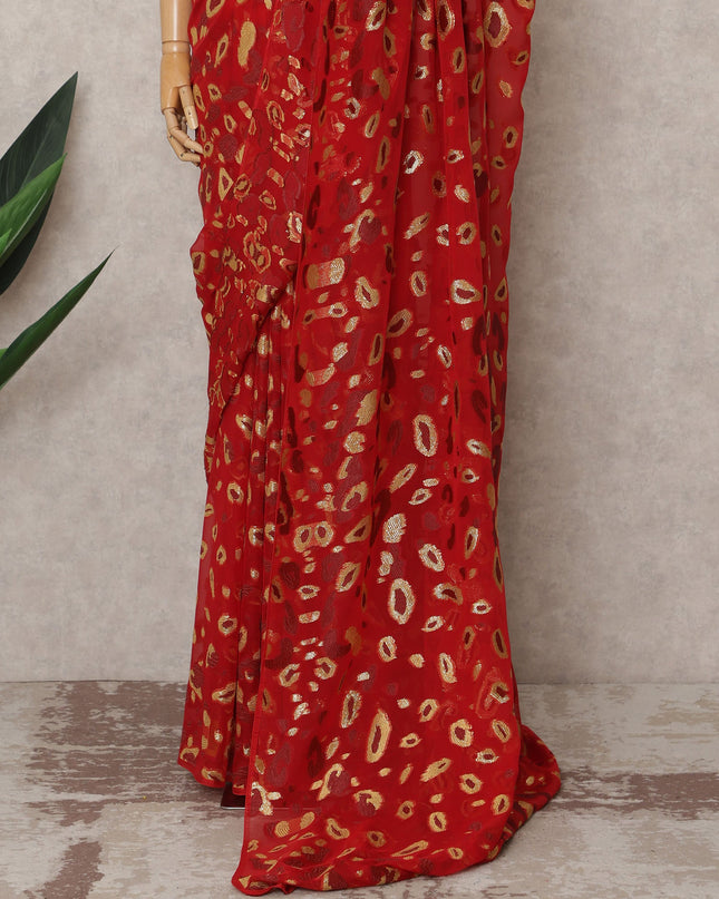 Crimson Red Premium French Chiffon Saree with Gold Metallic Lurex Abstract Work, 5.5 Mtrs Length, 110 Cms Width, Made in France-D24304 Regal Fabrics