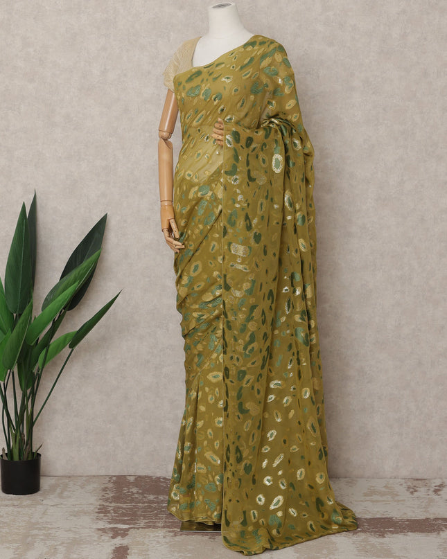 Olive Green Premium French Chiffon Saree with Metallic Lurex Abstract Work, 5.5 Mtrs Length, 110 Cms Width, Made in France-D24305