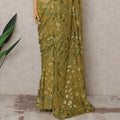 Olive Green Premium French Chiffon Saree with Metallic Lurex Abstract Work, 5.5 Mtrs Length, 110 Cms Width, Made in France-D24305