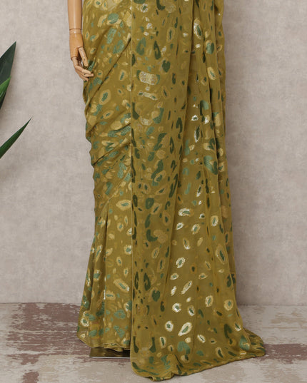 Olive Green Premium French Chiffon Saree with Metallic Lurex Abstract Work, 5.5 Mtrs Length, 110 Cms Width, Made in France-D24305