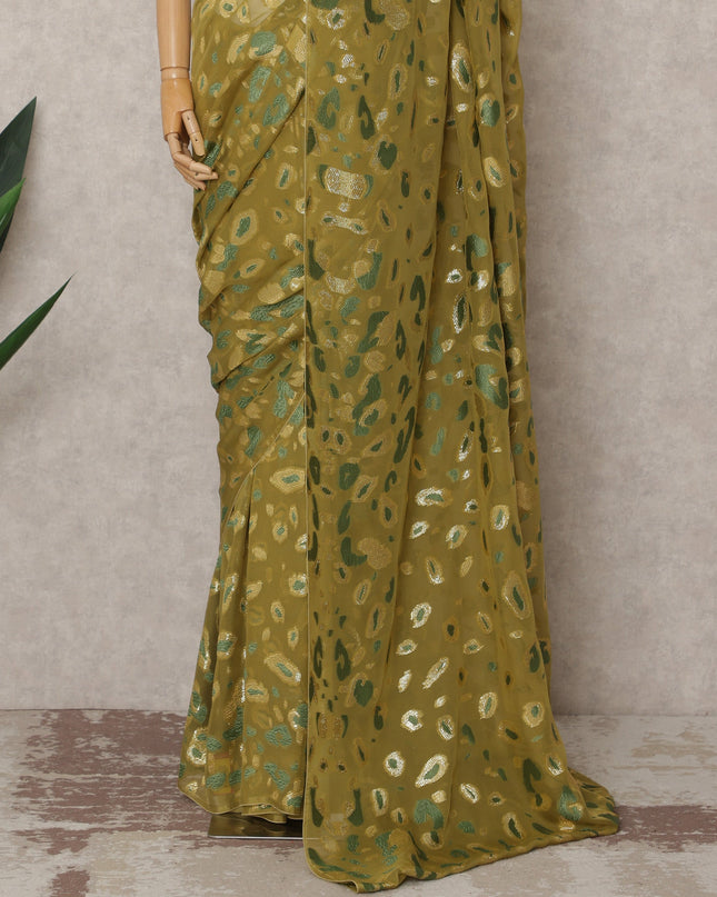 Olive Green Premium French Chiffon Saree with Metallic Lurex Abstract Work, 5.5 Mtrs Length, 110 Cms Width, Made in France-D24305