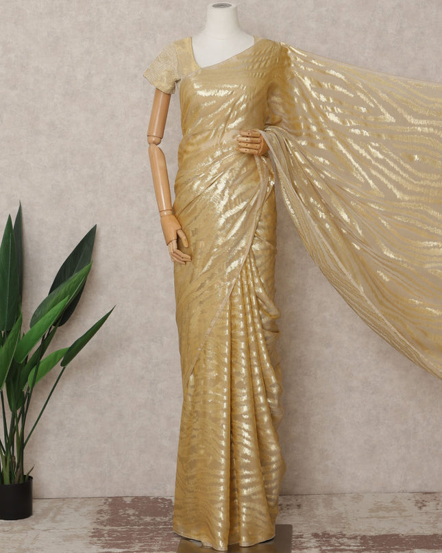 Golden Beige Premium French Chiffon Saree with Metallic Lurex Zebra Pattern, 5.5 Mtrs Length, 110 Cms Width, Made in France-D24306