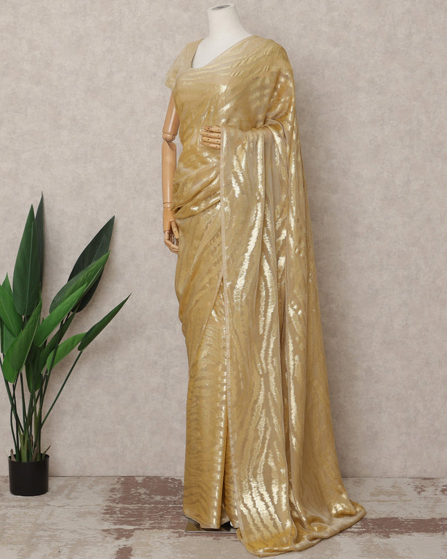 Golden Beige Premium French Chiffon Saree with Metallic Lurex Zebra Pattern, 5.5 Mtrs Length, 110 Cms Width, Made in France-D24306