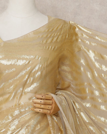 Golden Beige Premium French Chiffon Saree with Metallic Lurex Zebra Pattern, 5.5 Mtrs Length, 110 Cms Width, Made in France-D24306