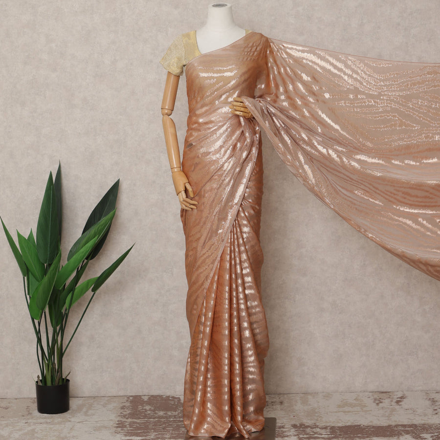 Rose Gold Premium French Chiffon Saree with Metallic Lurex Zebra Pattern, 5.5 Mtrs Length, 110 Cms Width, Made in France-D24307