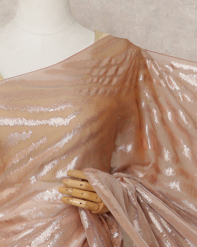 Rose Gold Premium French Chiffon Saree with Metallic Lurex Zebra Pattern, 5.5 Mtrs Length, 110 Cms Width, Made in France-D24307