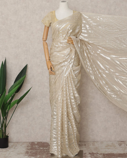 Ivory Premium French Chiffon Saree with Metallic Lurex Zebra Pattern, 5.5 Mtrs Length, 110 Cms Width, Made in France-D24308
