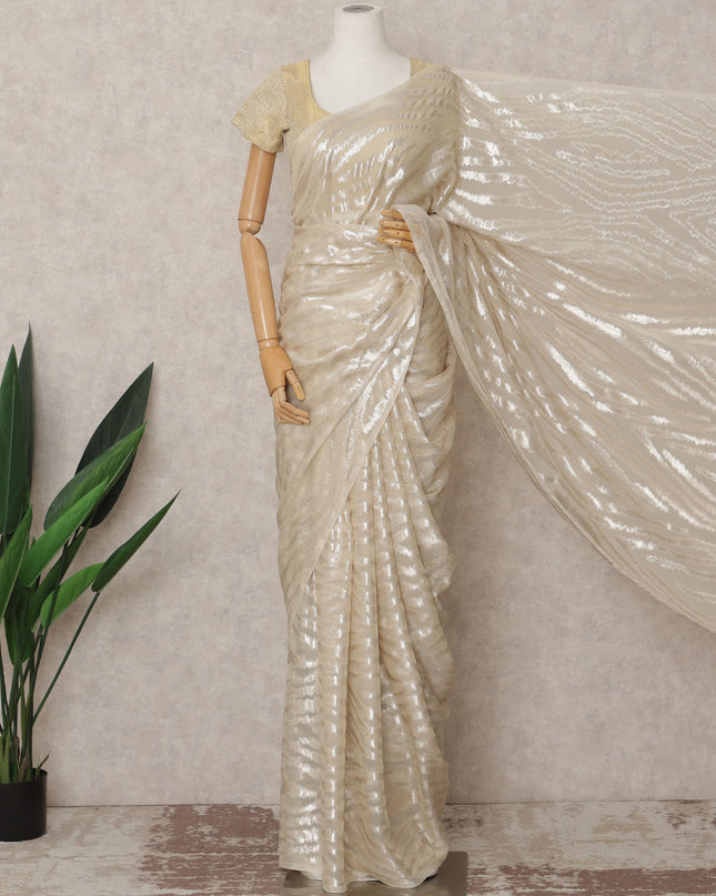 Ivory Premium French Chiffon Saree with Metallic Lurex Zebra Pattern, 5.5 Mtrs Length, 110 Cms Width, Made in France-D24308