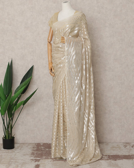 Ivory Premium French Chiffon Saree with Metallic Lurex Zebra Pattern, 5.5 Mtrs Length, 110 Cms Width, Made in France-D24308