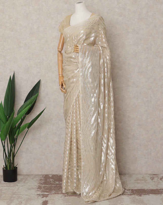 Ivory Premium French Chiffon Saree with Metallic Lurex Zebra Pattern, 5.5 Mtrs Length, 110 Cms Width, Made in France-D24308