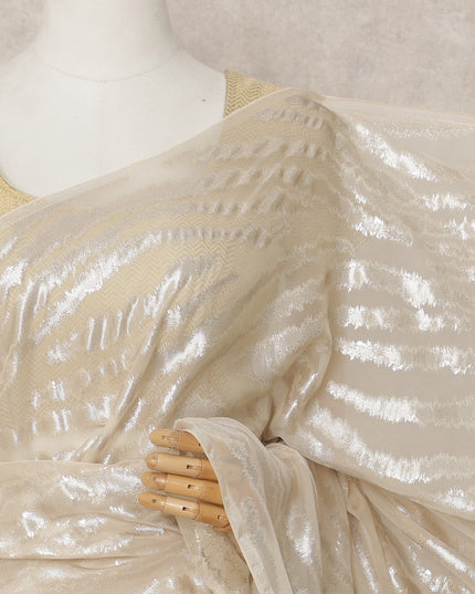 Ivory Premium French Chiffon Saree with Metallic Lurex Zebra Pattern, 5.5 Mtrs Length, 110 Cms Width, Made in France-D24308
