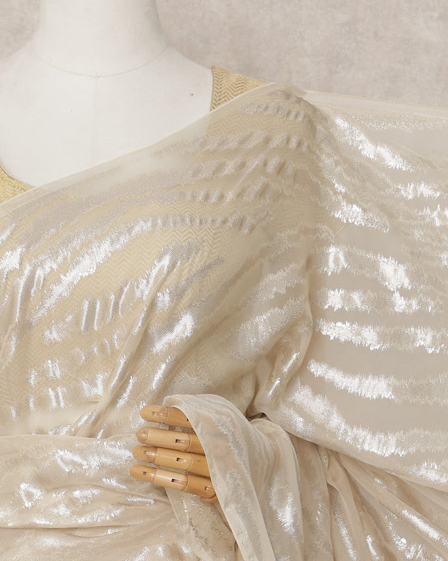 Ivory Premium French Chiffon Saree with Metallic Lurex Zebra Pattern, 5.5 Mtrs Length, 110 Cms Width, Made in France-D24308