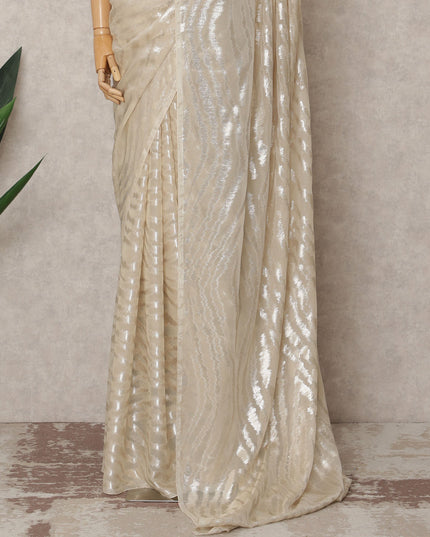 Ivory Premium French Chiffon Saree with Metallic Lurex Zebra Pattern, 5.5 Mtrs Length, 110 Cms Width, Made in France-D24308