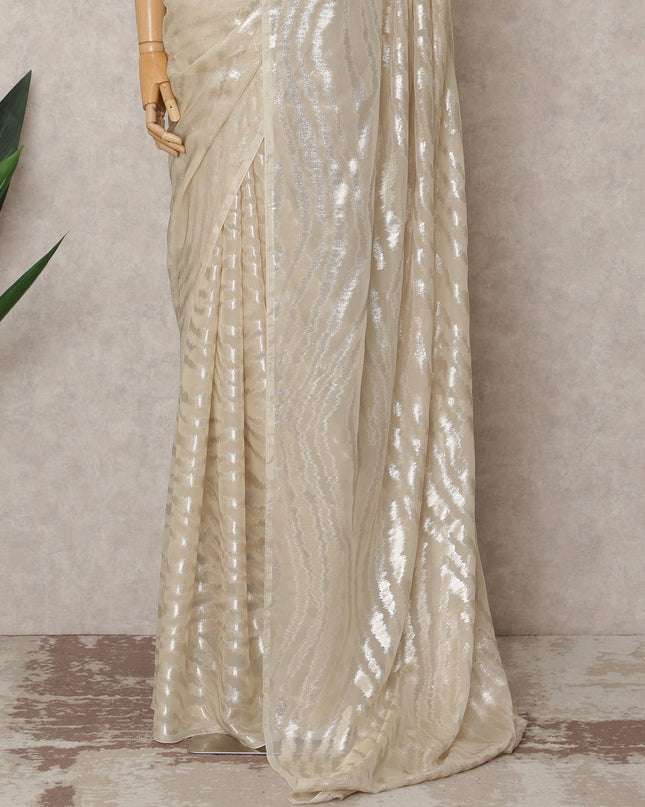 Ivory Premium French Chiffon Saree with Metallic Lurex Zebra Pattern, 5.5 Mtrs Length, 110 Cms Width, Made in France-D24308