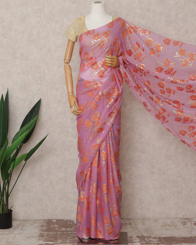 ساري شيفون حريري فاخر باللون الوردي الخزامي مع نسيج زهور لوركس معدني، طول 5.5 متر، عرض 110 سم، صنع في كوريا الجنوبية - D24309