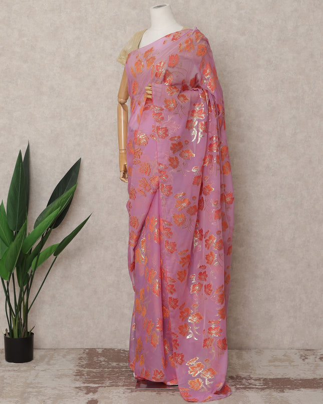 ساري شيفون حريري فاخر باللون الوردي الخزامي مع نسيج زهور لوركس معدني، طول 5.5 متر، عرض 110 سم، صنع في كوريا الجنوبية - D24309