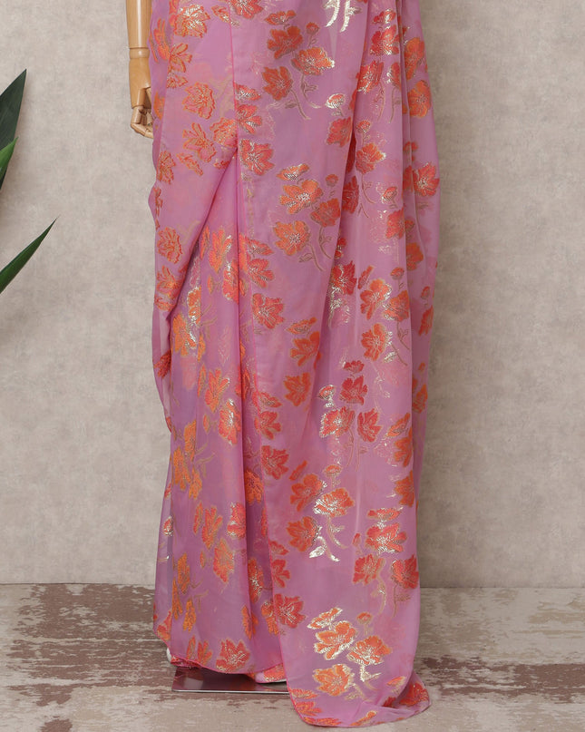 ساري شيفون حريري فاخر باللون الوردي الخزامي مع نسيج زهور لوركس معدني، طول 5.5 متر، عرض 110 سم، صنع في كوريا الجنوبية - D24309
