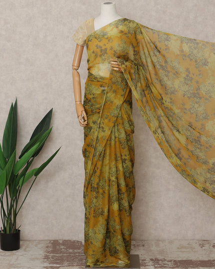 Mustard Green Premium Silk Chiffon Saree with Floral Print, 5.5 Mtrs Length, 110 Cms Width, Made in South Korea-D24310