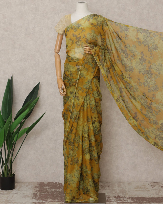 Mustard Green Premium Silk Chiffon Saree with Floral Print, 5.5 Mtrs Length, 110 Cms Width, Made in South Korea-D24310