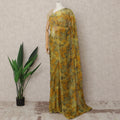 Mustard Green Premium Silk Chiffon Saree with Floral Print, 5.5 Mtrs Length, 110 Cms Width, Made in South Korea-D24310
