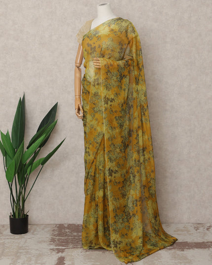 Mustard Green Premium Silk Chiffon Saree with Floral Print, 5.5 Mtrs Length, 110 Cms Width, Made in South Korea-D24310
