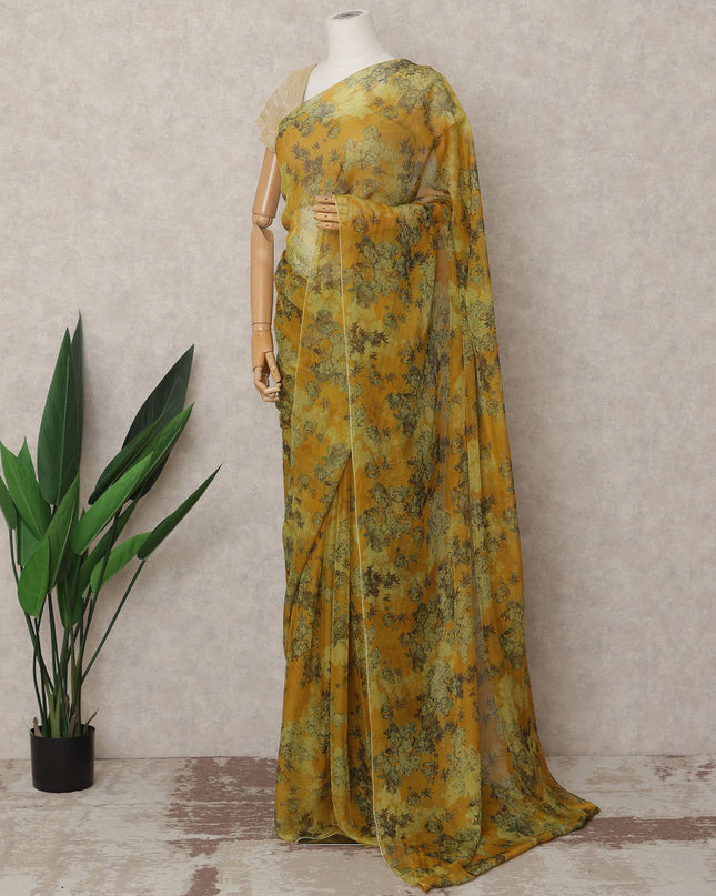 Mustard Green Premium Silk Chiffon Saree with Floral Print, 5.5 Mtrs Length, 110 Cms Width, Made in South Korea-D24310