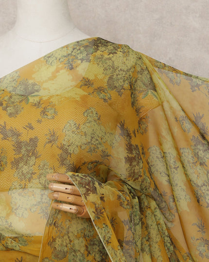 Mustard Green Premium Silk Chiffon Saree with Floral Print, 5.5 Mtrs Length, 110 Cms Width, Made in South Korea-D24310