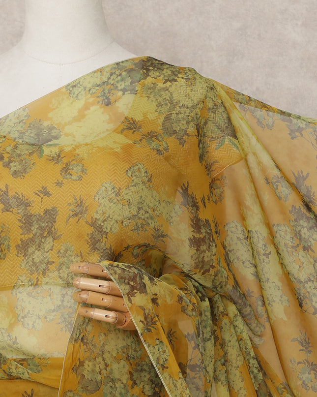 Mustard Green Premium Silk Chiffon Saree with Floral Print, 5.5 Mtrs Length, 110 Cms Width, Made in South Korea-D24310