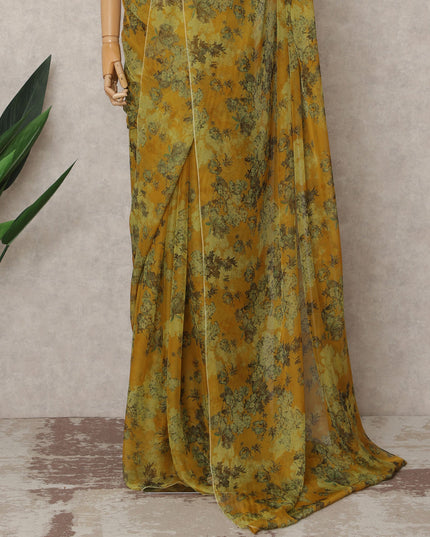 Mustard Green Premium Silk Chiffon Saree with Floral Print, 5.5 Mtrs Length, 110 Cms Width, Made in South Korea-D24310