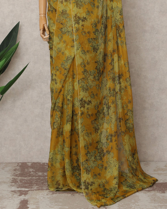 Mustard Green Premium Silk Chiffon Saree with Floral Print, 5.5 Mtrs Length, 110 Cms Width, Made in South Korea-D24310