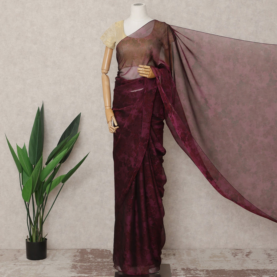 Wine Maroon Premium Silk Chiffon Saree with Subtle Floral Pattern, 5.5 Mtrs Length, 110 Cms Width, Made in South Korea-D24311