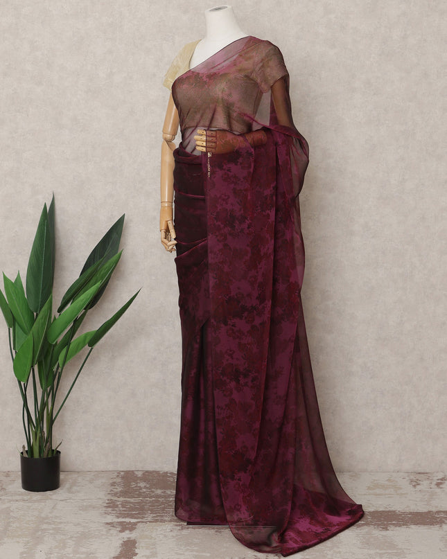 Wine Maroon Premium Silk Chiffon Saree with Subtle Floral Pattern, 5.5 Mtrs Length, 110 Cms Width, Made in South Korea-D24311 Regal Fabrics