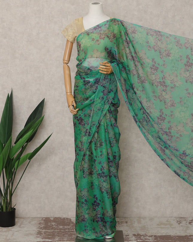 Teal Green Premium Silk Chiffon Saree with Smoky Floral Print, 5.5 Mtrs Length, 110 Cms Width, Made in South Korea-D24312 Regal Fabrics