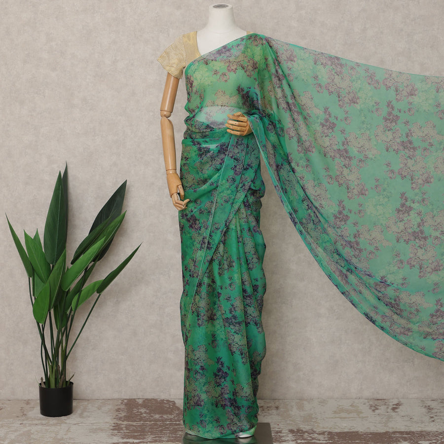 Teal Green Premium Silk Chiffon Saree with Smoky Floral Print, 5.5 Mtrs Length, 110 Cms Width, Made in South Korea-D24312