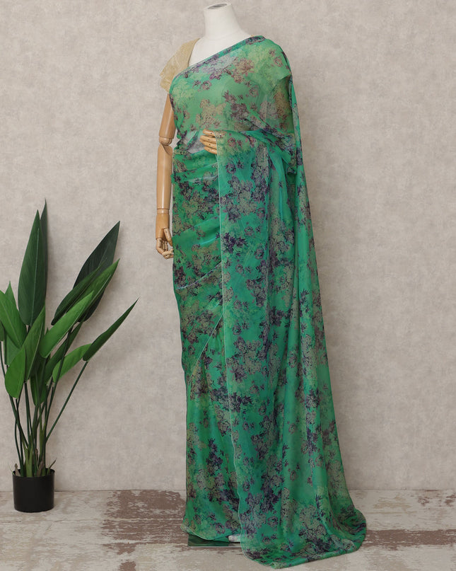 Teal Green Premium Silk Chiffon Saree with Smoky Floral Print, 5.5 Mtrs Length, 110 Cms Width, Made in South Korea-D24312 Regal Fabrics