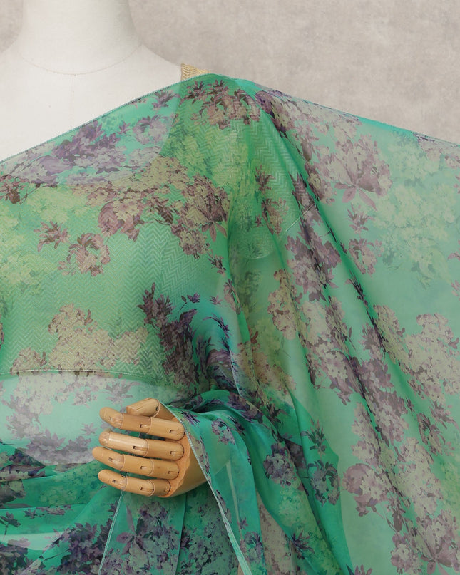 Teal Green Premium Silk Chiffon Saree with Smoky Floral Print, 5.5 Mtrs Length, 110 Cms Width, Made in South Korea-D24312 Regal Fabrics