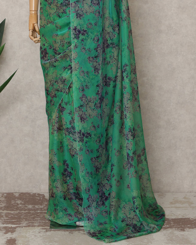 Teal Green Premium Silk Chiffon Saree with Smoky Floral Print, 5.5 Mtrs Length, 110 Cms Width, Made in South Korea-D24312 Regal Fabrics
