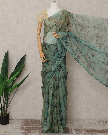 Sage Green Premium Silk Chiffon Saree with Dusty Floral Print, 5.5 Mtrs Length, 110 Cms Width, Made in South Korea-D24313